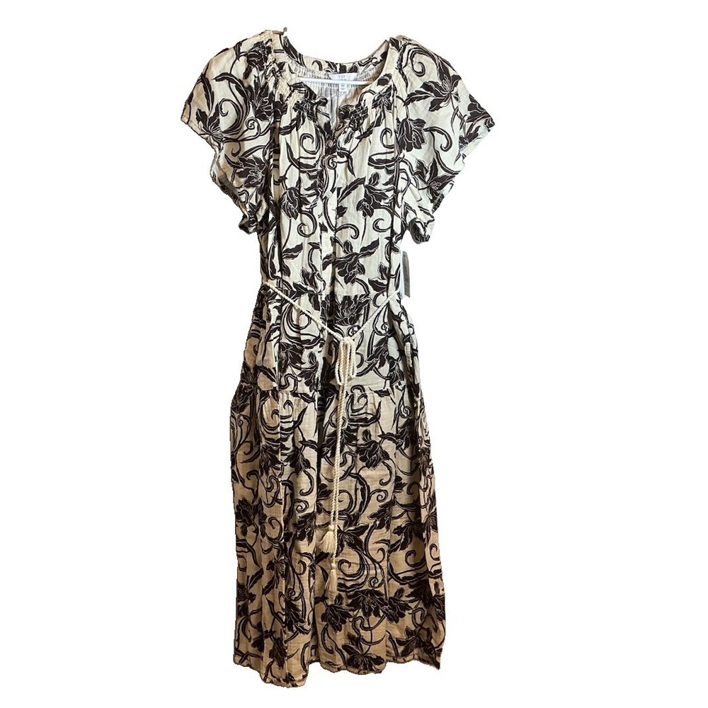 Time&Tru Double Cloth Midi Dress Beige Brown Floral Flutter Sleeve Sz XXXL (22)